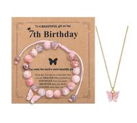 BKEPDY Set Bijoux Fille 7-10 Ans Bracelet Ajustable en Pierre Pink Zebra Jasper et Collier Papillon Rose Idéal pour Fillette Petite Fille et Nièce (7th)
