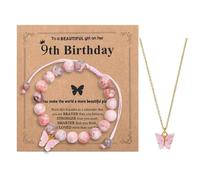 BKEPDY Set Bijoux Fille 7-10 Ans Bracelet Ajustable en Pierre Pink Zebra Jasper et Collier Papillon Rose Idéal pour Fillette Petite Fille et Nièce (9th)