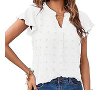 BKEPDY T-Shirt à Manches Courtes et col en V pour Femme Lâches Hauts Décontracté Base Top Chemisiers d'été Tee Shirt Élégant Shirts Ruffle Sleeve Dot Chiffon Shirt Couleur Unie Blouse Chic