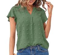 BKEPDY T-Shirt à Manches Courtes et col en V pour Femme Lâches Hauts Décontracté Base Top Chemisiers d'été Tee Shirt Élégant Shirts Ruffle Sleeve Dot Chiffon Shirt Couleur Unie Blouse Chic