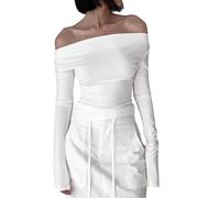 BKEPDY T-Shirts à Manches Longues Femme sans Bretelles Haut Sexy Chic Manches Longues Tee Shirt Y2K Mode Vintage Crop Tops Slim Fit Off Shoulder Tee Streetwear