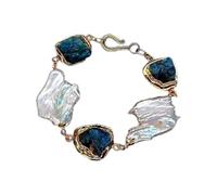BKGWCSOR Bracelet enroulé en Apatite bleue naturelle brute, perle Keshi blanche de culture naturelle, couleur or, style classique for femmes