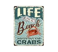 BKGWCSOR Life Is A Beach Watch Out For Crabs Retro Metal Tin Sign for Beach House Pool Deck Patio Coastal Home Gift 8 X 12 inch