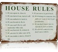 BKGWCSOR Vintage Home Gift Metal Sign Family Rules Summary Aluminum Wall Hanging for First Time Buyer Wedding Shower Housewarming Hostess Present 8 X 12 inch