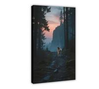 BKHJSASU Impression sur toile représentant un chien Akita Coucher de soleil sur une falaise (4) - Décoration murale pour salon, chambre à coucher - 40 x 60 cm