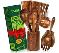 Bkiok Lot de 9 cuillères en bois de teck antiadhésives faites à la main avec repose-cuillère et porte-ustensiles