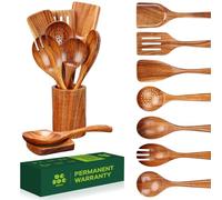 Bkiok Lot de 9 cuillères en bois de teck antiadhésives faites à la main avec repose-cuillère et porte-ustensiles