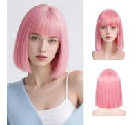 Bkiyyi Perruque au carré rose avec frange - Perruque courte et raide pour femme - Cheveux synthétiques naturels résistants à la chaleur - Perruque au carré coloré pour barbecue, fête, Halloween