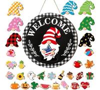 Bkljkf Panneau De Bienvenue Avec Gnome - Décoration de Couronne Interchangeable en Bois | Décorations De Noël Avec Gnomes Pour La Maison,Pour La Maison La Cuisine Le Mur L'Hiver L'Automne Les Fêtes