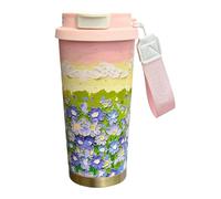 Bkljkf Tasse à café isotherme de voyage - 0,5 l - Motif floral - Gourde avec deux ouvertures pour boire, sangle de transport et couvercle pour boissons chaudes et froides