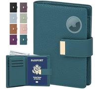 BKNOOU Porte-passeport avec blocage RFID avec Airtag - Portefeuille de voyage en cuir pour homme et femme, fin à deux volets, peut contenir des cartes, des billets et de l'argent liquide, A-bleu