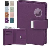 BKNOOU Porte-passeport avec blocage RFID avec Airtag - Portefeuille de voyage en cuir pour homme et femme, fin à deux volets, peut contenir des cartes, des billets et de l'argent liquide, A-violet
