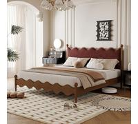 BKSAYAETou Lit Double en Bois Massif et Tissu, Style rétro français médiéval, Stable et Durable, idéal pour la Chambre à Coucher (Matelas Non Inclus).