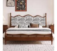 BKSAYAETou Lit Double en Bois Massif et Tissu, Style rétro français médiéval, Stable et Durable, idéal pour la Chambre à Coucher (Matelas Non Inclus).