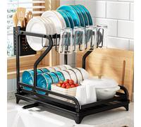 BKXCHA Égouttoir Vaisselle Cuisine 2 Niveaux avec Porte-Gobelets et Porte-Ustensiles,Egouttoir Vaisselle INOX sur Evier avec Vidange Automatique pour Plan de Travail de Cuisine - Noir