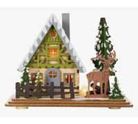 BLACHÈRE ILLUMINATION-Scénette chalet en bois vert et marron avec renne à 2 LED blanc chaud sur piles - 16 x 9,5 x 12 cm
