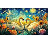 Black-and-White-Swans-with-Heart-Shaped-Roses Puzzle pour Adultes 1000 pièces Papier recyclé Jeu Familial Amusant & Stimulant Jeu éducatif détente Beau Puzzle de décoration 70x50/1000 pièces