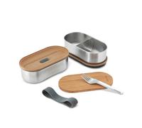 BLACK + BLUM - Bento Box Empilable - Boîtes Lunch Box en Acier Inoxydable avec Couvercle en Bambou - Hermétiques - Fourchette Comprise - 2 x 500 ml - Gris/Amande
