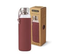 BLACK + BLUM - Bouteille d'eau de Voyage en Verre 600 ML - Étanche, Légère, Manchon de Protection - Acier Inoxydable, Nylon, Polypropylène, Silicone - Couleur Bordeaux, Design Élégant