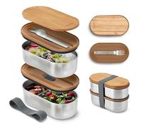 Black+Blum Boîte bento empilable en acier inoxydable – Couvercle bambou, 2×500 ml, Gris/Amande