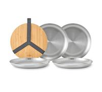 BLACK + BLUM - Set de 4 Assiettes en Acier Inoxydable - Planche à Découper/Couvercle en Bambou - Sangle de Transport - Accessoire Randonnée - Conception Ingénieuse - Gris/Bois