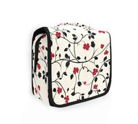 Black Brances Trousse de toilette avec crochet de suspension étanche Grande capacité avec compartiments et poignée Motif fleurs rouges
