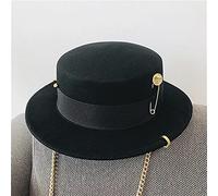 Black Cap Female Hat Party Flat Top Hat Chain Strap and Pin Fedoras for Woman for Punk Street-Style