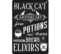 Black Cat Apothecary Plaque en métal Potions et élixirs pour Halloween Décoration murale gothique effrayante pour cuisine, café, écorce 20,3 x 30,5 cm