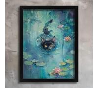Black Cat Art Print Lily Pond Wall Art Poster Print Cat Picture Cat Gift Idea Poster A4 - Décoration murale inspirante et motivante pour la vie quotidienne Citation encourageante de phrases courtes c