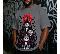 "Black Cat Castle Red Moon Bat Print" Motif Top de sport grande taille pour hommes T-shirt décontracté à manches courtes Série minimaliste - Tissu en tricot de polyester, Col ras-du-cou, Coupe réguliè