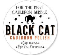 Black Cat Cauldron Polish Halloween Metal Sign