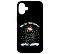 Black Cat Christmas Lights T-Shirt Humoristique avec Inscription « Merry Christmas Cat » Coque pour iPhone 16 Plus