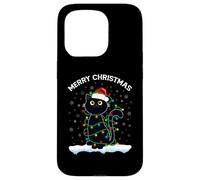 Black Cat Christmas Lights T-Shirt Humoristique avec Inscription « Merry Christmas Cat » Coque pour iPhone 15 Pro