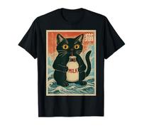 Black Cat Drink Milk Carton Anime Japonais Funny Graphic Cat T-Shirt
