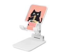 Black Cat Eats Ramen Support de téléphone portable pliable à angle réglable en hauteur Compatible avec tous les smartphones Blanc