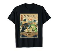 Black Cat Frog Eating Ramen Noodles Graphic T-Shirt