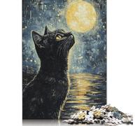 Black Cat Gazing at Moon Puzzle 1000 Pièces Cadeau Unique Jeu Éducatif Défi Jouet À De Qualité Supérieure Peinture Art pour Adultes Et Enfants À Partir De 14 Ans 1000pcs (40x28cm)