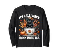 Black Cat in Fall Hot Tea Cup for Kitten Mom Cute Autumn Manche Longue