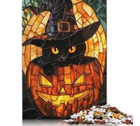 Black Cat in Pumpkin Stained Glass Puzzle 1000 Pièces Educa Jouet en Bois Jeu D'Intelligence Décoration Intérieure Jeu Éducatif Challenge Toy Adultes & Enfants des 14 Ans 500pcs (52x38cm)