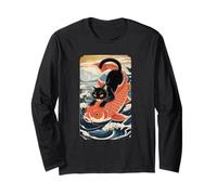 Black Cat Koi Japanese Ukiyoe Art Sakura Waves Zen Manche Longue