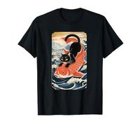 Black Cat Koi Japanese Ukiyoe Art Sakura Waves Zen T-Shirt