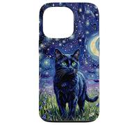 Black Cat Night Glow Stars and Moon Illustration Coque pour iPhone 13 Pro