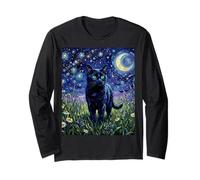 Black Cat Night Glow Stars and Moon Illustration Manche Longue