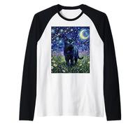 Black Cat Night Glow Stars and Moon Illustration Manche Raglan