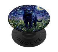 Black Cat Night Glow Stars and Moon Illustration PopSockets PopGrip Adhésif