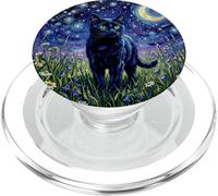 Black Cat Night Glow Stars and Moon Illustration PopSockets PopGrip pour MagSafe
