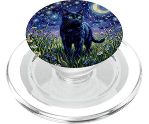 Black Cat Night Glow Stars and Moon Illustration PopSockets PopGrip pour MagSafe