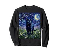 Black Cat Night Glow Stars and Moon Illustration Sweatshirt