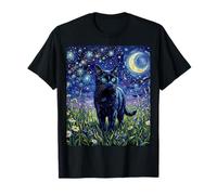 Black Cat Night Glow Stars and Moon Illustration T-Shirt