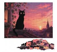 Black Cat on A Swing at Sunset Puzzle en Bois 300 pièces | Cadeau pour amateur de puzzle: activité sans écran à la maison sur plusieurs sessions.